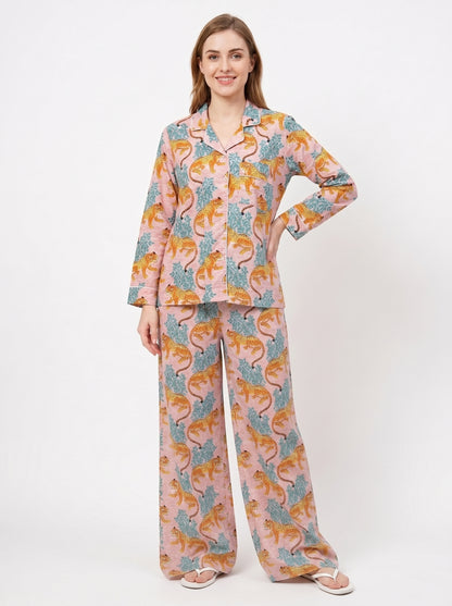 Women’s Pink & Blue Leopard – Elegant Two Piece Cotton Pajama Set