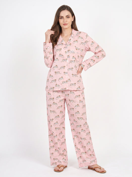 Women’s Mini Pink Tiger Riot – Elegant Two Piece Cotton Pajama Set