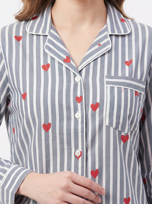 Women’s Grey Heart Riot – Elegant Two Piece Cotton Pajama Set