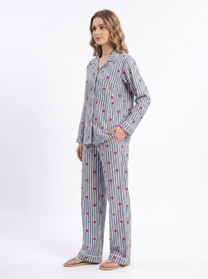 Women’s Grey Heart Riot – Elegant Two Piece Cotton Pajama Set
