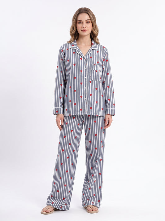 Women’s Grey Heart Riot – Elegant Two Piece Cotton Pajama Set
