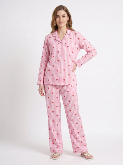 Women’s Baby Pink Heart Riot – Elegant Two Piece Cotton Pajama Set