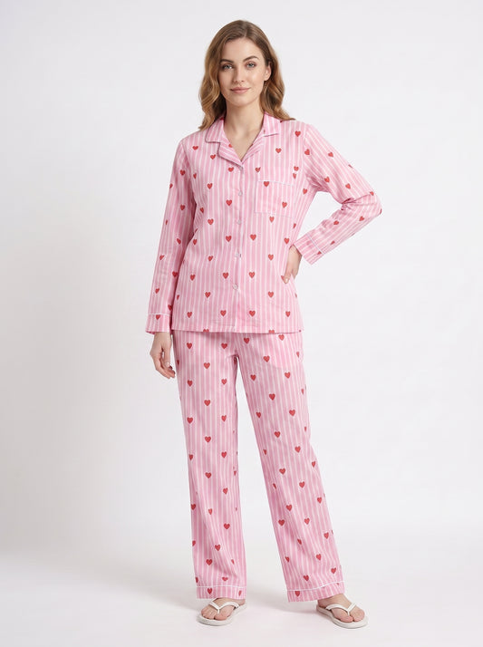 Women’s Baby Pink Heart Riot – Elegant Two Piece Cotton Pajama Set