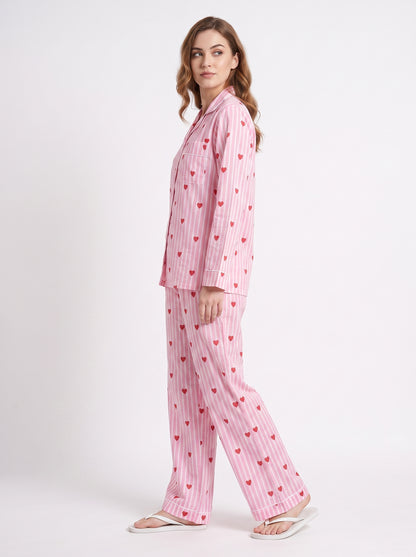 Women’s Baby Pink Heart Riot – Elegant Two Piece Cotton Pajama Set