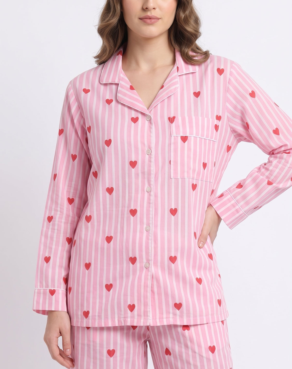 Women’s Baby Pink Heart Riot – Elegant Two Piece Cotton Pajama Set