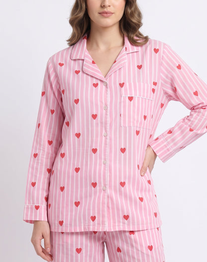 Women’s Baby Pink Heart Riot – Elegant Two Piece Cotton Pajama Set
