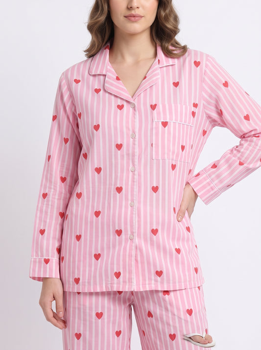 Women’s Baby Pink Heart Riot – Elegant Two Piece Cotton Pajama Set