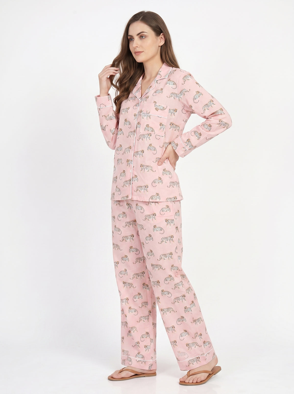 Women’s Mini Pink Tiger Riot – Elegant Two Piece Cotton Pajama Set