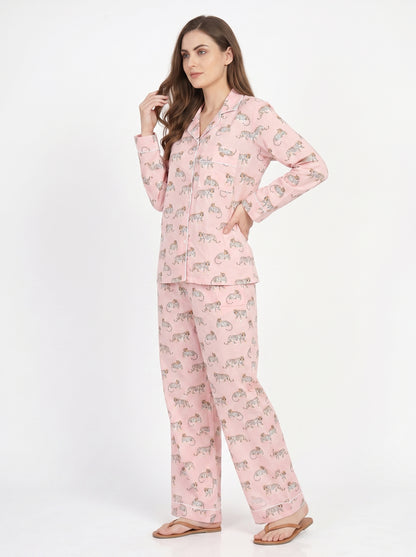 Women’s Mini Pink Tiger Riot – Elegant Two Piece Cotton Pajama Set
