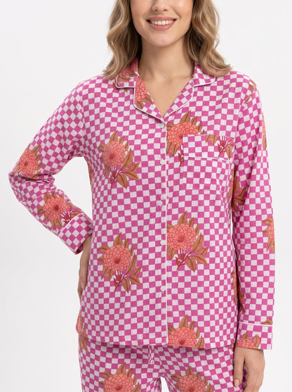 Women’s Pink Check Bloom – Elegant Two Piece Cotton Pajama Set