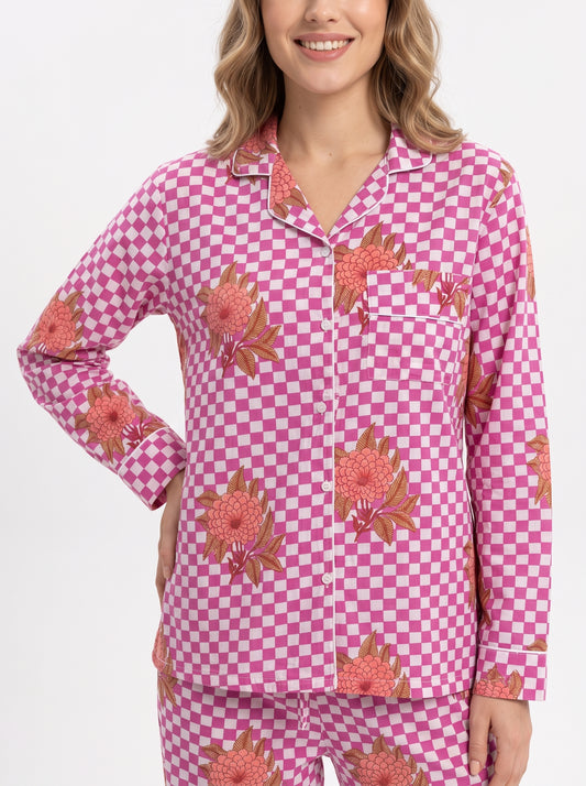 Women’s Pink Check Bloom – Elegant Two Piece Cotton Pajama Set