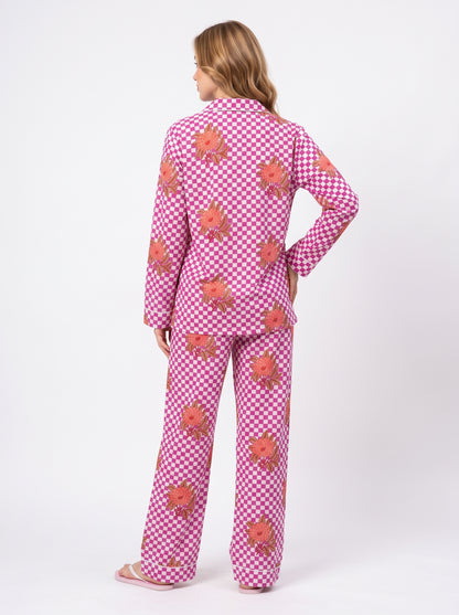 Women’s Pink Check Bloom – Elegant Two Piece Cotton Pajama Set