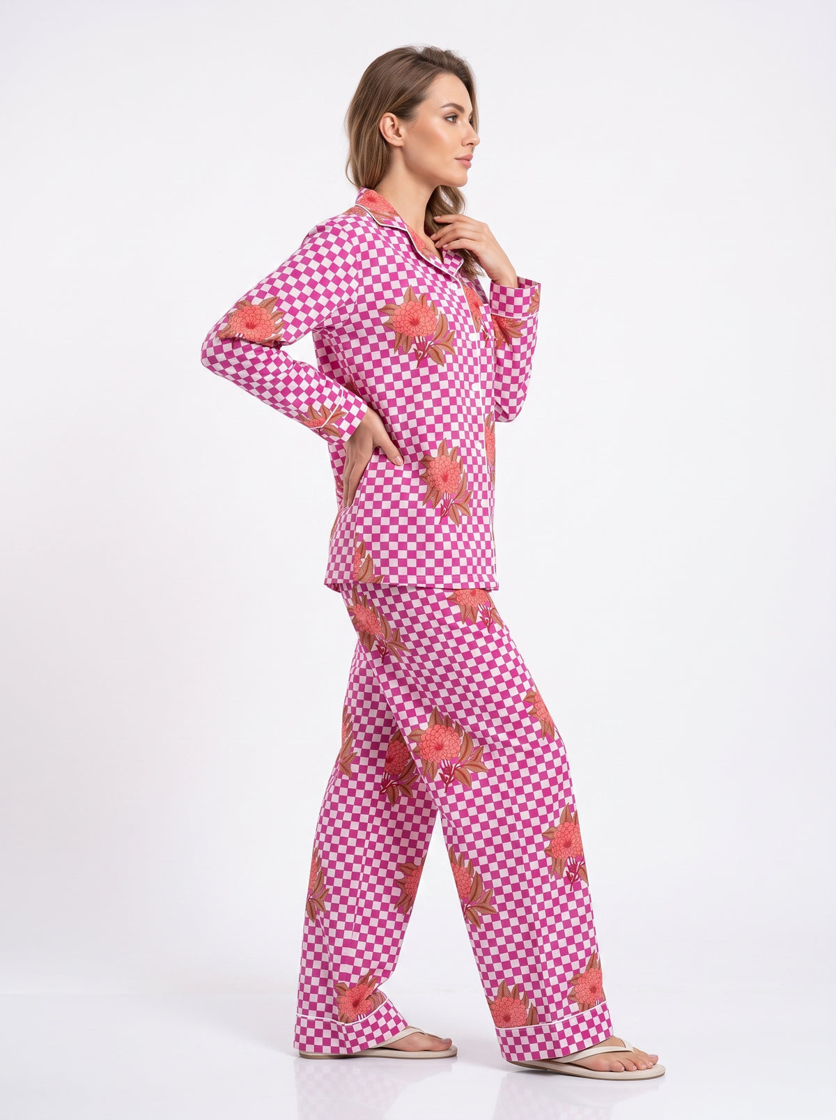 Women’s Pink Check Bloom – Elegant Two Piece Cotton Pajama Set