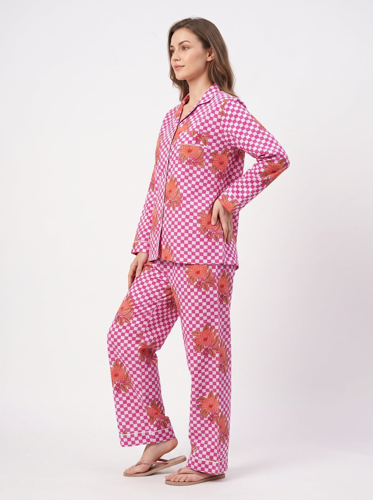 Women’s Pink Check Bloom – Elegant Two Piece Cotton Pajama Set