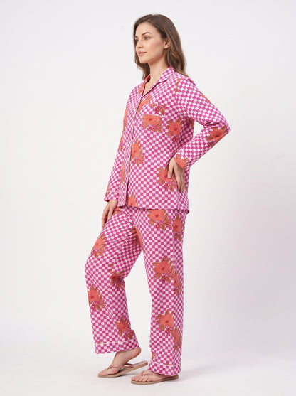 Women’s Pink Check Bloom – Elegant Two Piece Cotton Pajama Set
