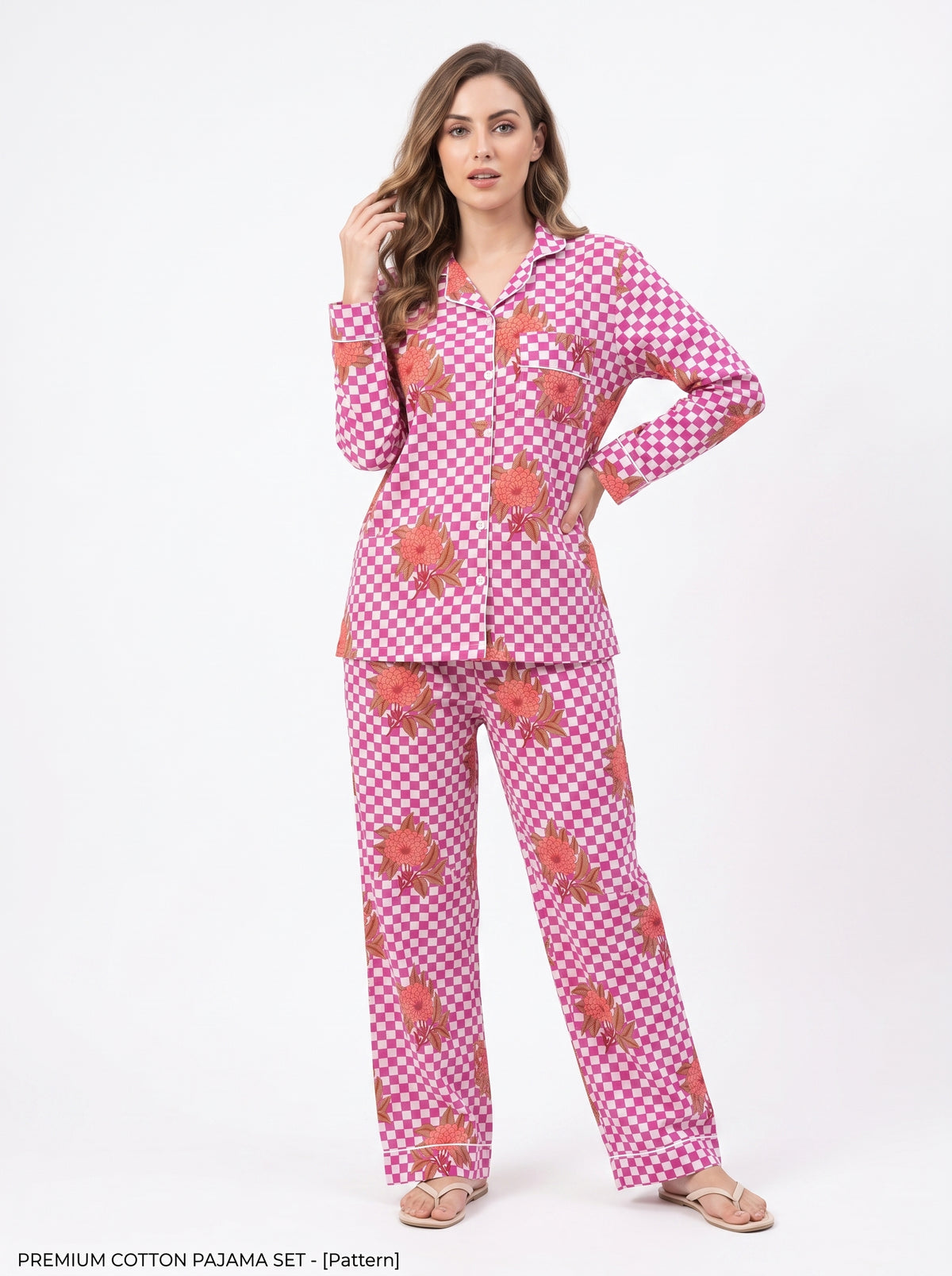 Women’s Pink Check Bloom – Elegant Two Piece Cotton Pajama Set