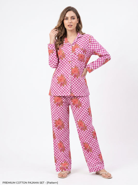 Women’s Pink Check Bloom – Elegant Two Piece Cotton Pajama Set