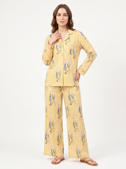 Women's Yellow Onion Stripe – Elegant Two Piece Cotton Pajama Set