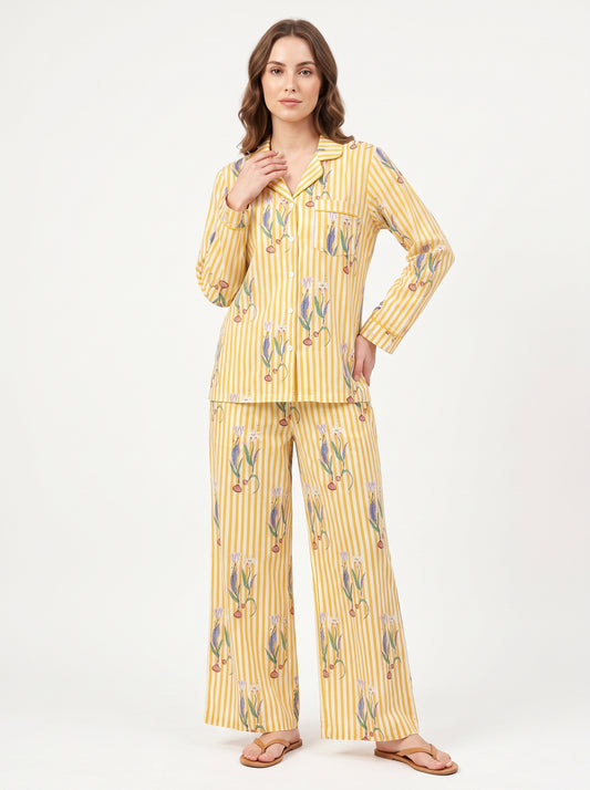 Women's Yellow Onion Stripe – Elegant Two Piece Cotton Pajama Set