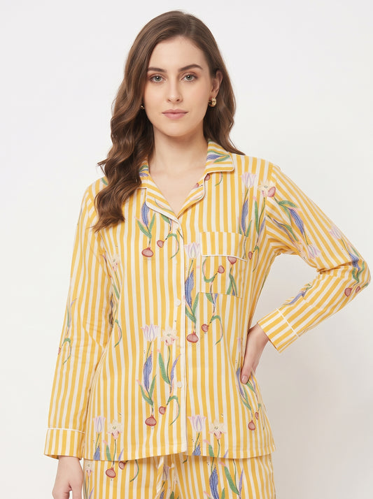 Women's Yellow Onion Stripe – Elegant Two Piece Cotton Pajama Set