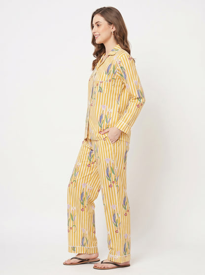 Women's Yellow Onion Stripe – Elegant Two Piece Cotton Pajama Set
