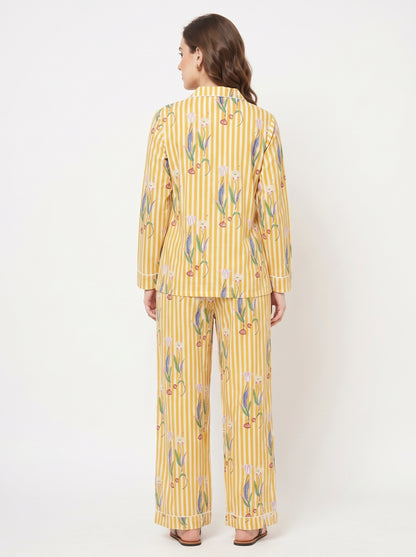 Women's Yellow Onion Stripe – Elegant Two Piece Cotton Pajama Set