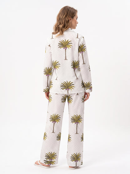 Women’s White Palm Tree – Elegant Two Piece Cotton Pajama Set