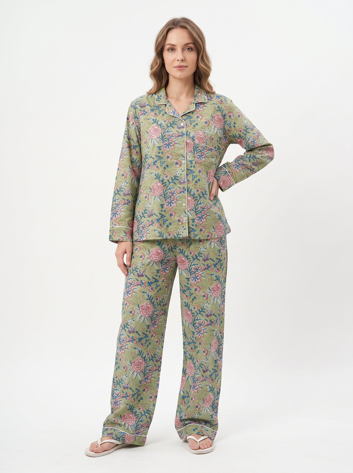 Women’s Green Pink Blossom – Elegant Two Piece Cotton Pajama Set