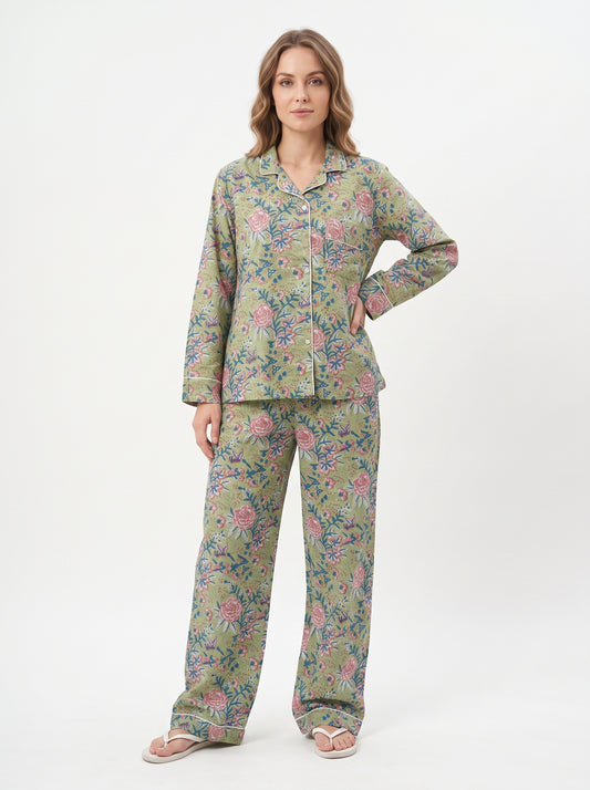 Women’s Green Pink Blossom – Elegant Two Piece Cotton Pajama Set