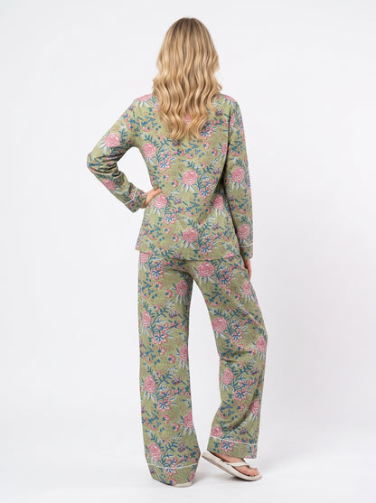 Women’s Green Pink Blossom – Elegant Two Piece Cotton Pajama Set