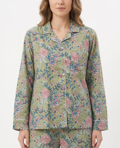 Women’s Green Pink Blossom – Elegant Two Piece Cotton Pajama Set