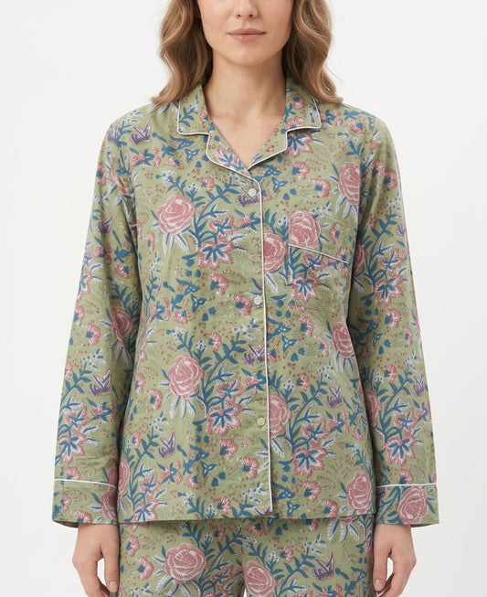 Women’s Green Pink Blossom – Elegant Two Piece Cotton Pajama Set