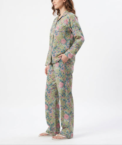 Women’s Green Pink Blossom – Elegant Two Piece Cotton Pajama Set