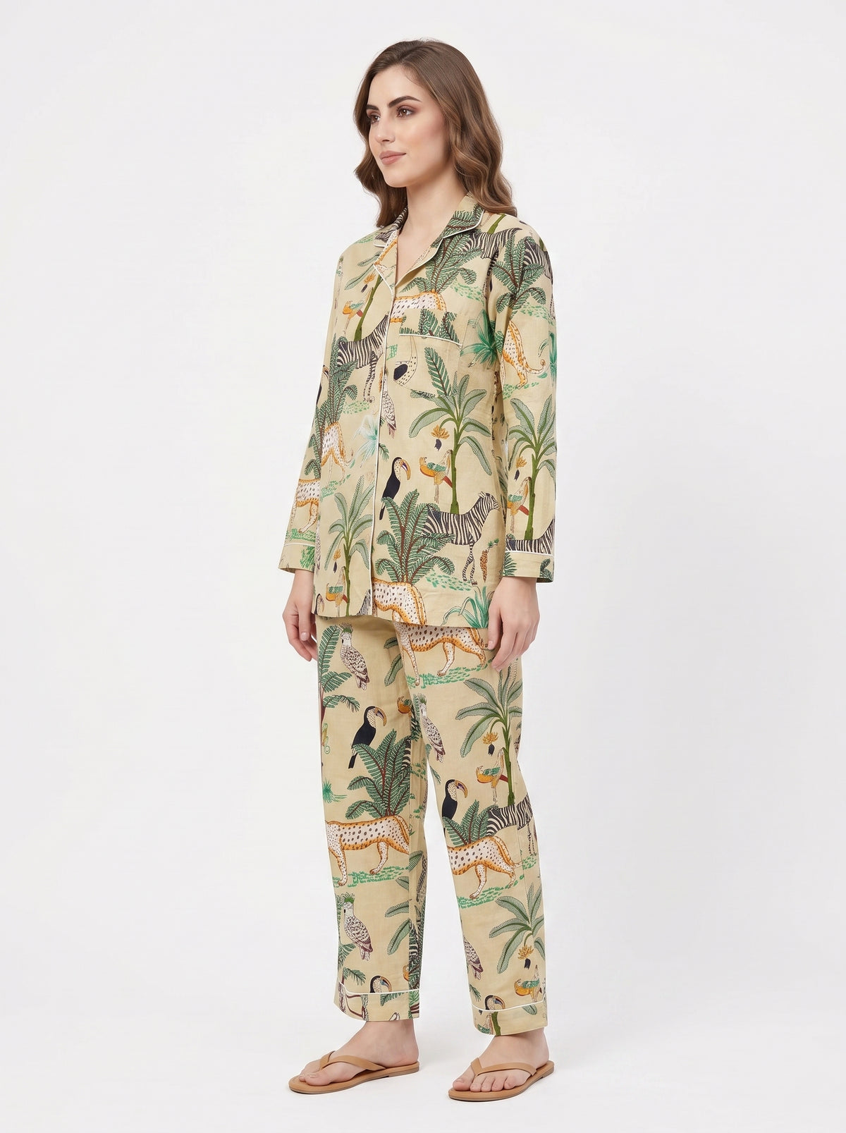 Women's Beige Safari – Elegant Two Piece Cotton Pajama Set