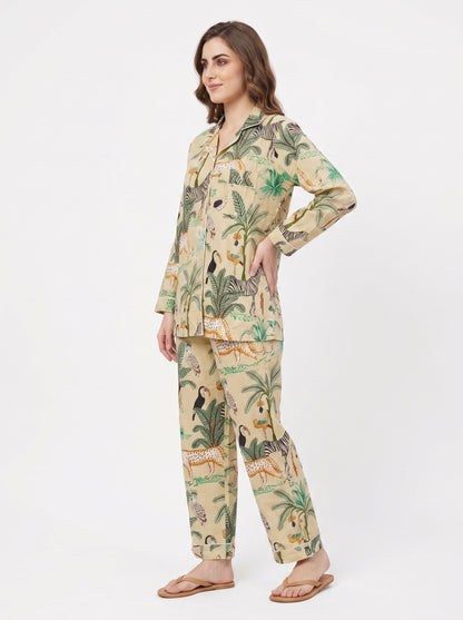 Women's Beige Safari – Elegant Two Piece Cotton Pajama Set