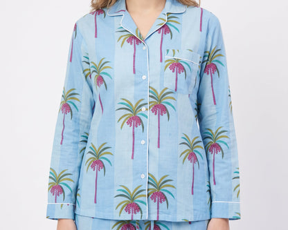 Women's Blue Palm Tree – Elegant Two Piece Cotton Pajama Set