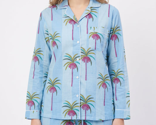 Women's Blue Palm Tree – Elegant Two Piece Cotton Pajama Set