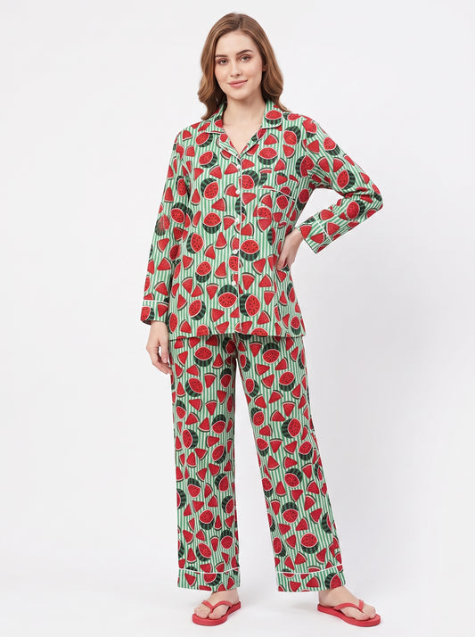 Women's Watermelon Crush – Elegant Two Piece Cotton Pajama Set