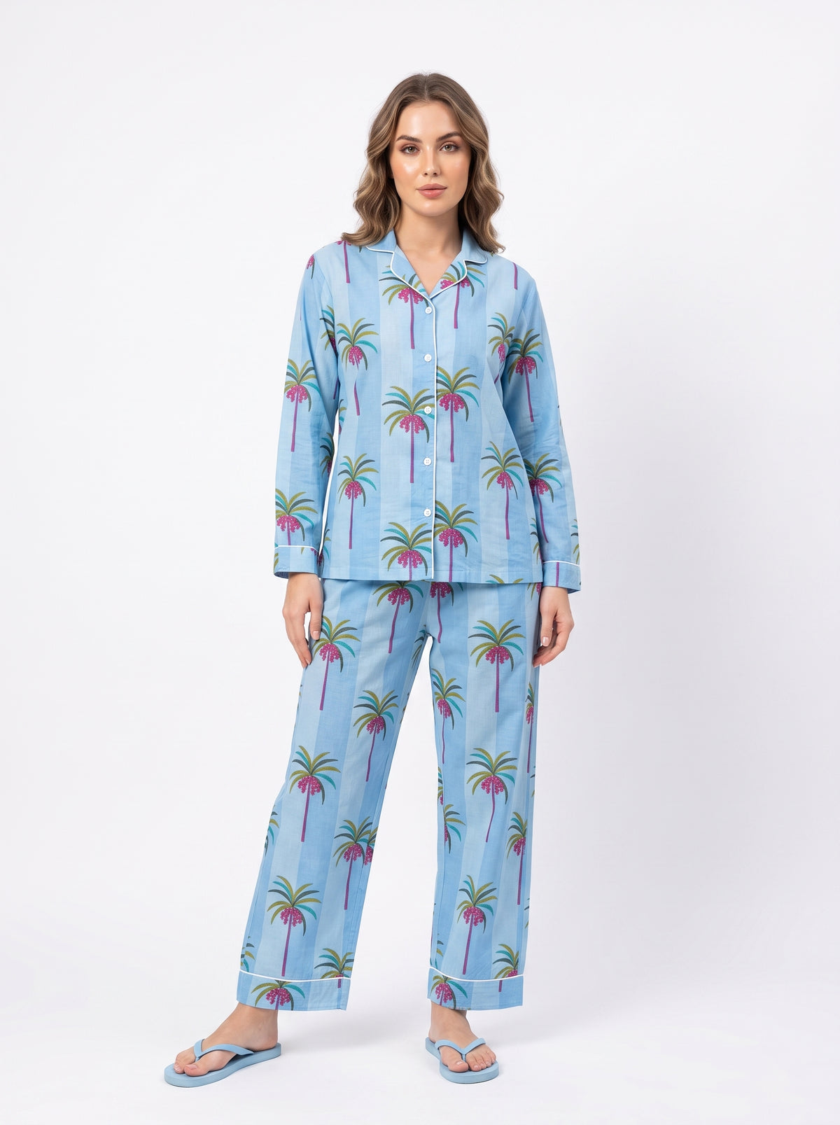 Women's Blue Palm Tree – Elegant Two Piece Cotton Pajama Set