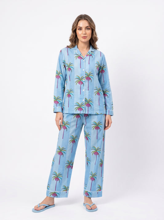 Women's Blue Palm Tree – Elegant Two Piece Cotton Pajama Set