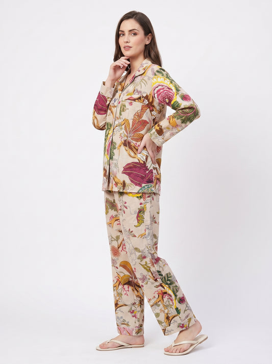 Women’s Beige Floral – Elegant Two Piece Cotton Pajama Set