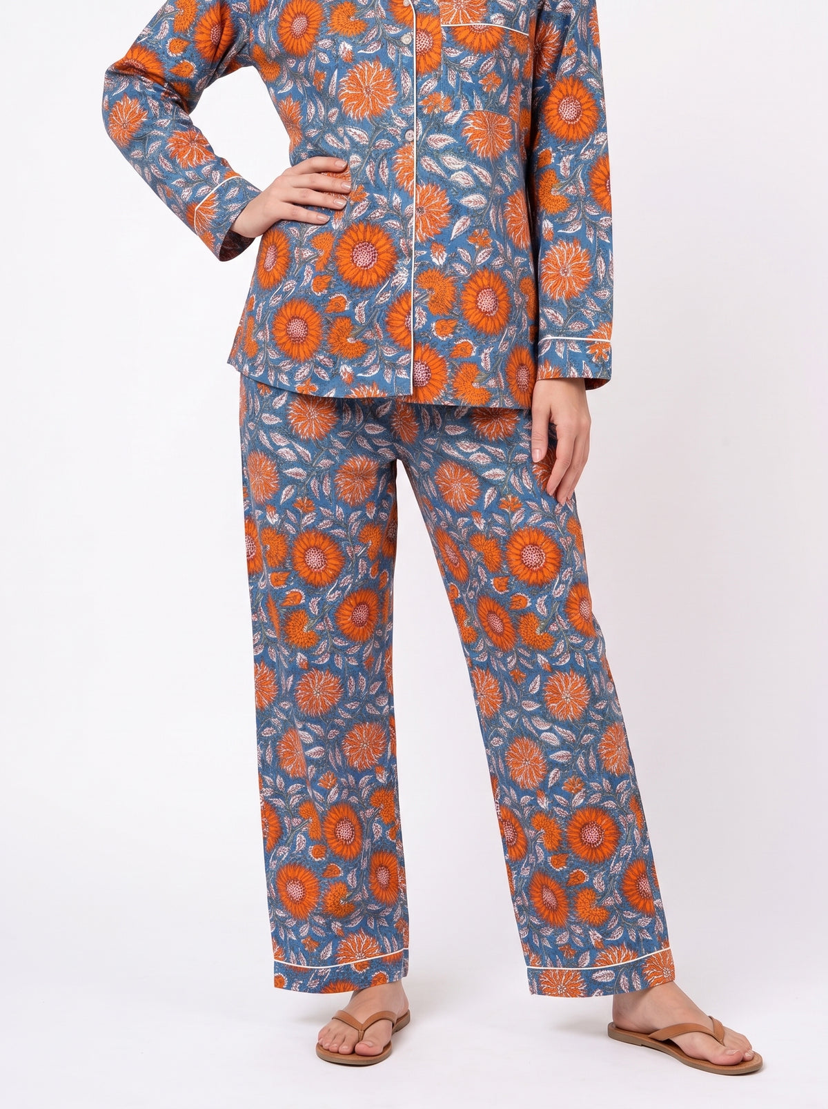 Women's Blue Orange Floral – Elegant Two Piece Cotton Pajama Set
