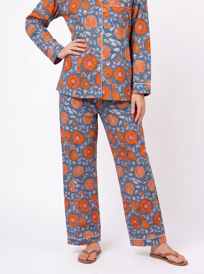 Women's Blue Orange Floral – Elegant Two Piece Cotton Pajama Set