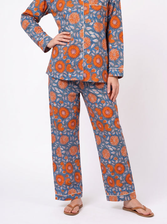Women's Blue Orange Floral – Elegant Two Piece Cotton Pajama Set