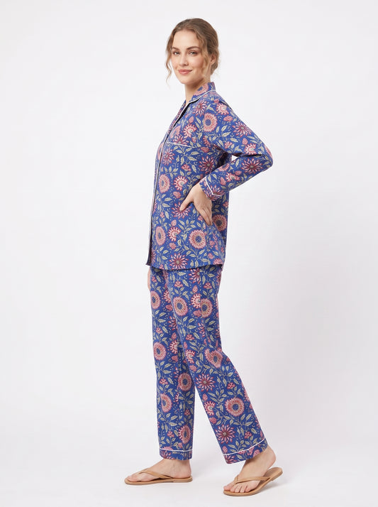 Women's Blue Pink Floral – Elegant Two Piece Cotton Pajama Set