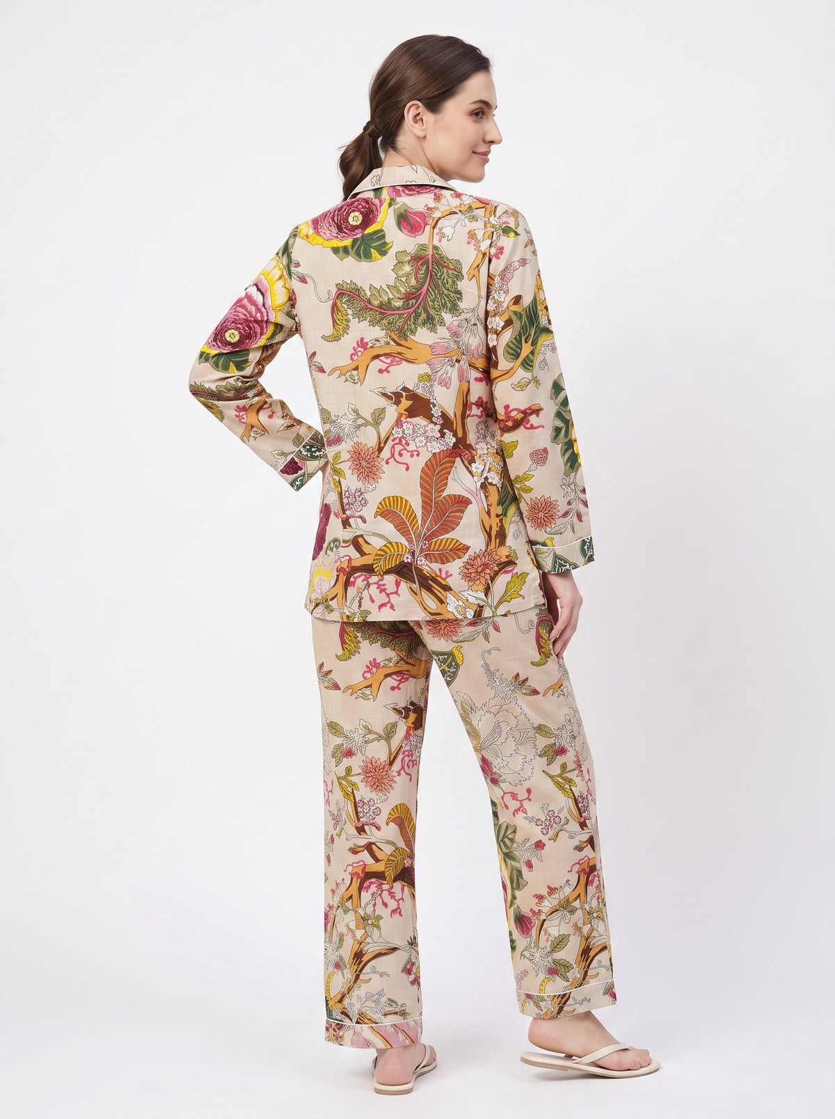 Women’s Beige Floral – Elegant Two Piece Cotton Pajama Set