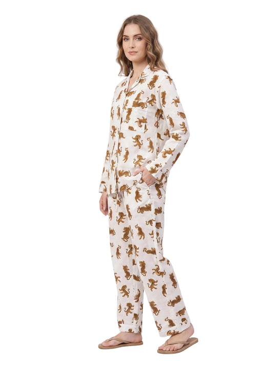Women's White Tiger Dreams – Elegant Two Piece Cotton Pajama Set