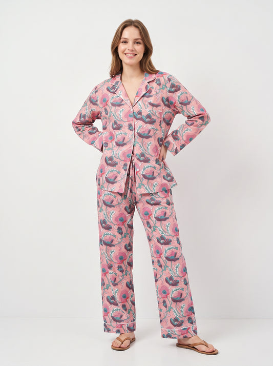 Women's Pink Floral Print – Elegant Two Piece Cotton Pajama Set