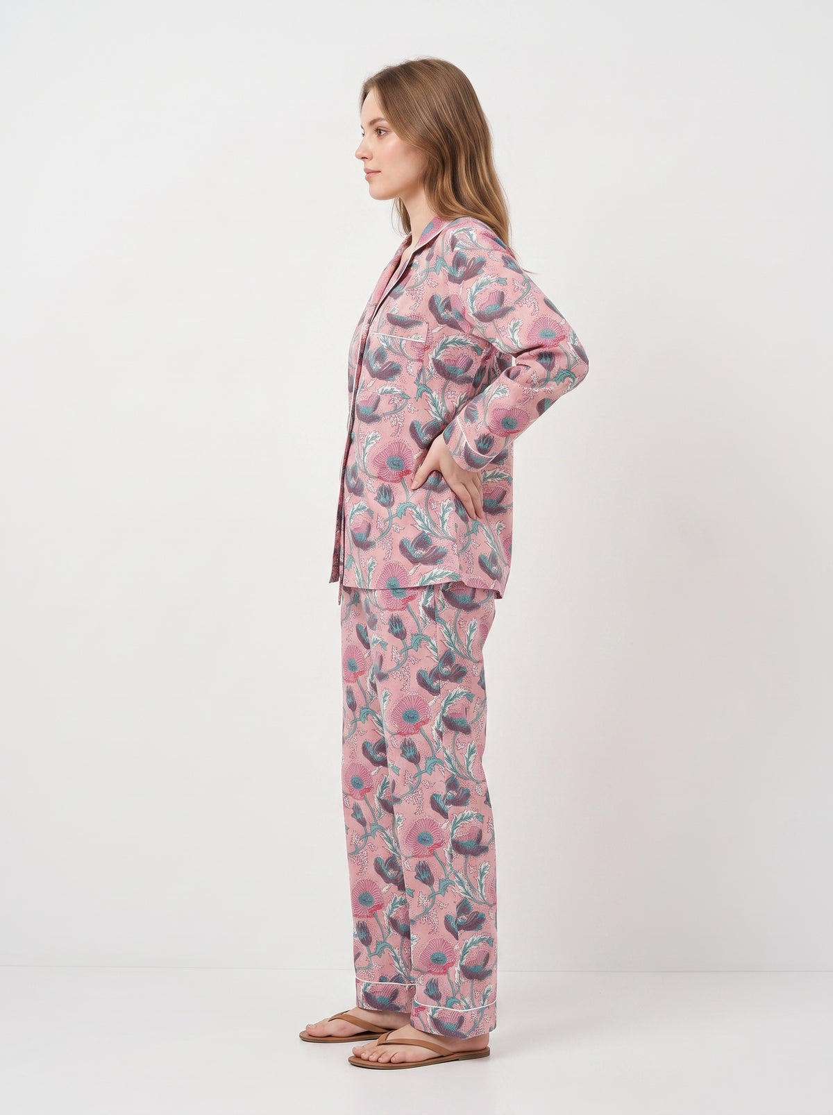 Women's Pink Floral Print – Elegant Two Piece Cotton Pajama Set
