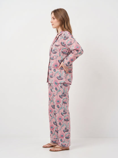 Women's Pink Floral Print – Elegant Two Piece Cotton Pajama Set